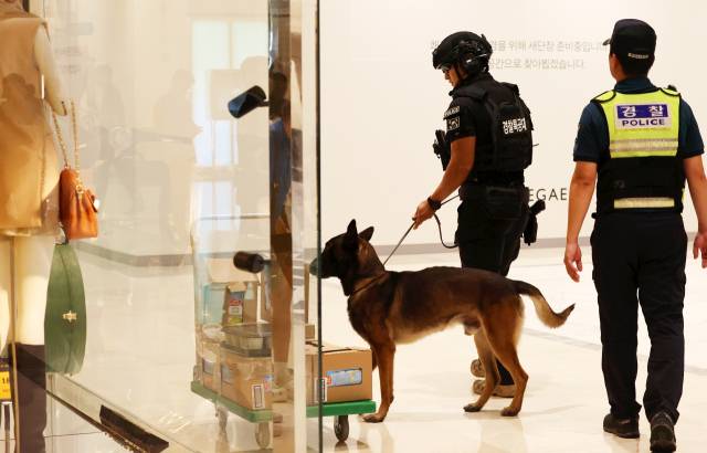 11일 광주 서구 신세계백화점에서 경찰특공대 탐지견이 폭발물 탐색을 하고 있다. 경찰에 따르면 이날 오전 9시 30분께 '서구 롯데백화점'에 폭탄을 설치하겠다는 신고가 접수돼 동구에 위치한 롯데백화점과 서구 신세계백화점에 경찰특공대를 투입했다. 연합뉴스