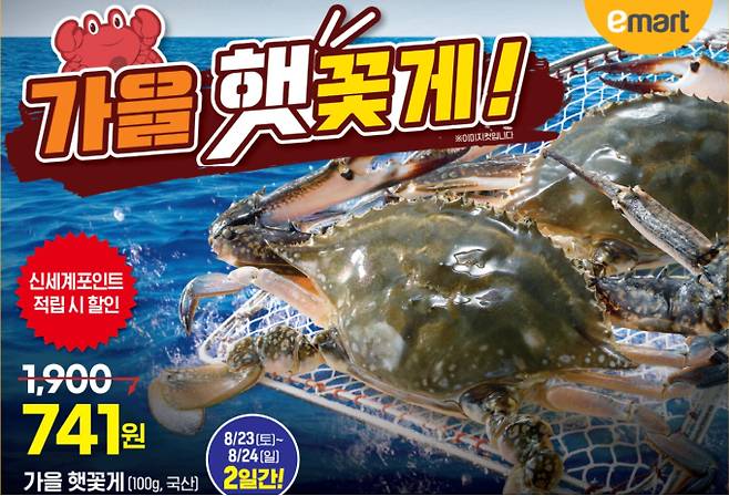 이마트·롯데마트·홈플러스 등 대형마트가 이번 주는 서해안 꽃게 금어기 해제에 맞춰 ‘가을 햇꽃게 최저가 경쟁’에 돌입했다. 먼저 이마트는 가을 햇꽃게를 100g당 741원에 판매한다. ©사진=이마트: 대형마트 휴무일, 이마트·롯데마트·홈플러스‧코스트코 등 마트 휴일, 쉬는날