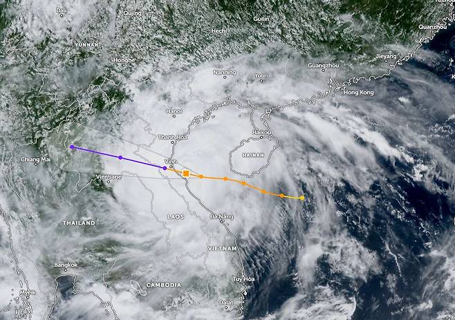 베태풍 '가지키'의 예상 경로(대화형 세계 날씨 지도 Zoom Earth 지도 갈무리)