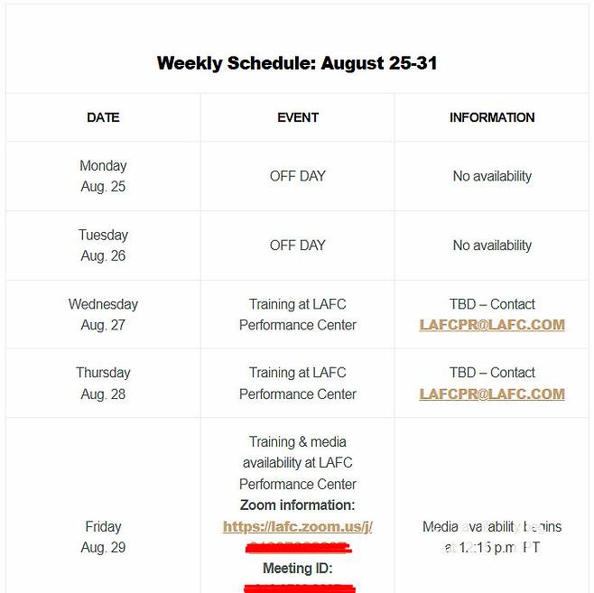 (LA FC가 MHN에 보내준 손흥민 트레이닝 일정)