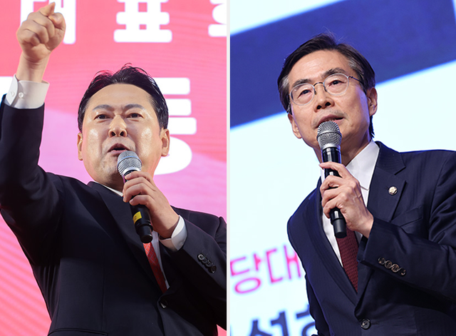 지난 국민의힘 제6차 전당대회 기간 당대표 후보로서 권역별 합동연설회에 나선 당시의 장동혁(왼쪽부터) 신임 당대표와 조경태 의원.<국민의힘 홈페이지 사진 갈무리>