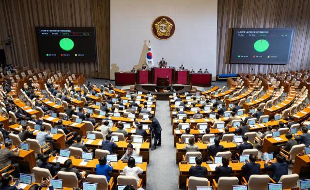 24일 국회에서 본회의에서 노란봉투법(노동조합 및 노동관계조정법 일부개정법률안)이 재석 186인, 찬성 183인, 반대 3인, 기권 0인으로 가결되고 있다. 뉴스1