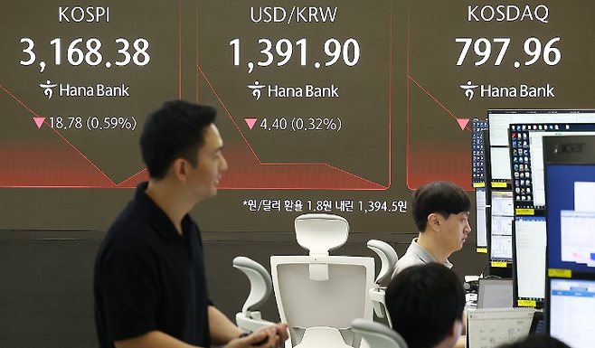 28일 서울 중구 하나은행 딜링룸 현황판에 코스피 지수 등이 표시돼 있다. ⓒ연합뉴스