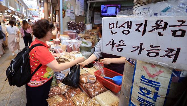 29일 서울시내 한 전통시장에서 한 시민이 장을 보고 있다. 민생회복 소비쿠폰의 영향으로 지난달엔 산업 생산과 소비, 투자가 모두 늘어나는 '트리플 증가'를 기록했다. 뉴스1