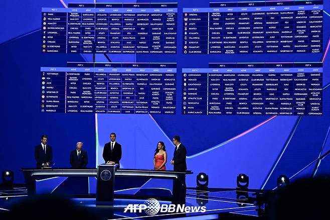 29일(한국시간) 모나코의 그리말디 포럼에서 진행된 2025~2026 유럽축구연맹(UEFA) 챔피언스리그 조추첨(대진추첨) 현장 모습. /AFPBBNews=뉴스1