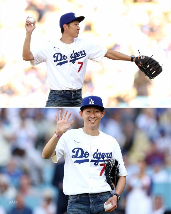 28일 미국 캘리포니아주 로스앤젤레스(LA)의 다저스타디움에서 열린 다저스와 신시내티 레즈의 2025 MLB 경기 시구자로 나선 LAFC 손흥민. /사진=클라로 스포츠 SNS 캡처