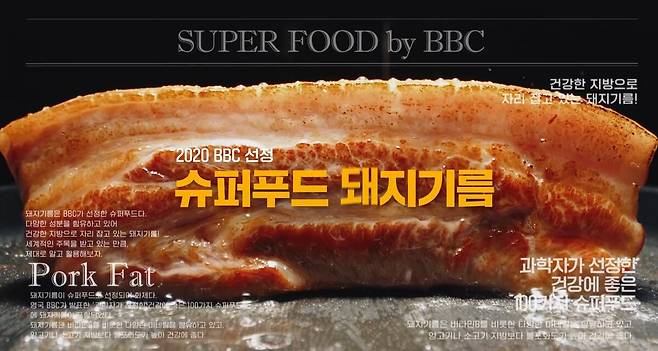 한돈자조금의 돼지기름 홍보 그래픽. 돼지기름을 슈퍼푸드라고 소개하며 비타민B와 미네랄이 풍부하다고 밝히고 있다. 한돈자조금 제공