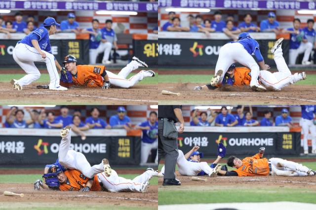 삼성 라이온즈의 선발투수 원태인이 31일 대전에서 열린 한화 이글스와의 경기 2회말 상대의 내야 안타 때 홈으로 파고들던 주자 김인환을 홈에서 태그아웃시키고 있다. 삼성 제공