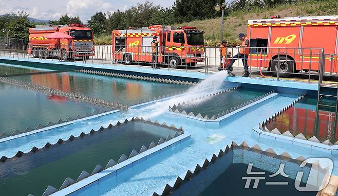31일 강원 강릉시 홍제정수장에서 전국에서 달려온 소방차들이 급수하고 있다. 2025.8.31/뉴스1 ⓒ News1 김성진 기자