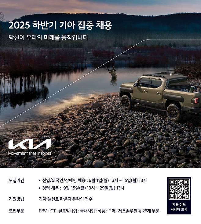 기아는 9월 1일부터 신입, 경력, 외국인, 장애인 인재를 대상으로 26개 부문에서 2025년 하반기 채용 지원서 접수를 시작한다고 밝혔다. 사진은 기아 채용 홍보 이미지. 사진제공|기아