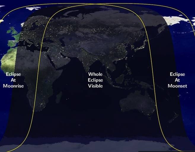 9월8일 개기월식을 볼 수 있는 곳. earthsky 제공