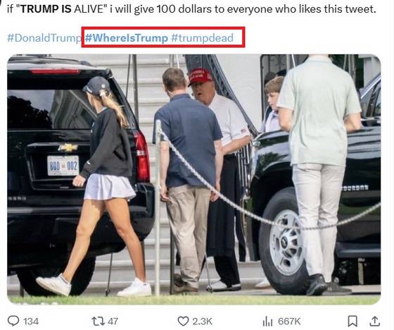 도널드 트럼프 미국 대통령이 4일째 공식 일정을 수행하지 않자 소셜미디어엔 '트럼프는 어디에' '트럼프 사망'이라는 해시태그가 붙기 시작했다. X캡쳐