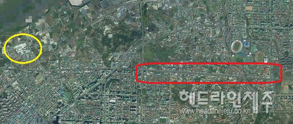 차 없는 거리 통제 구간(붉은 사각형)과 제주시 민속오일시장(노란원). 사진=제주특별자치도 공간포털