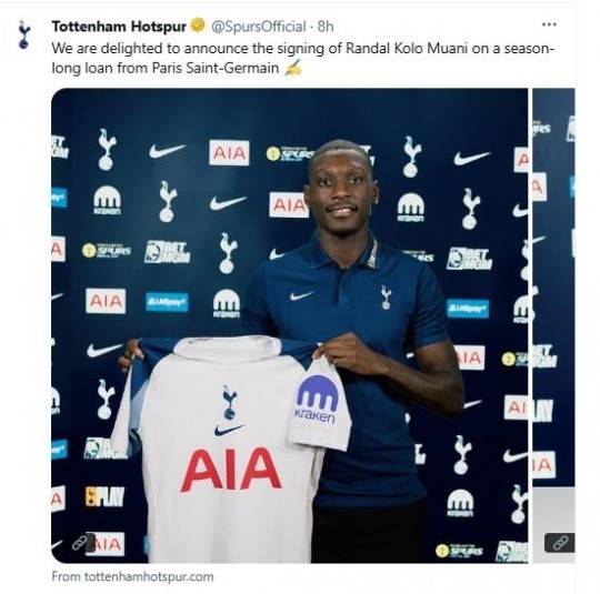 랑달 콜로 무아니의 한 시즌 임대 영입 소식을 전한 토트넘. / 사진=토트넘 구단 SNS. 연합뉴스