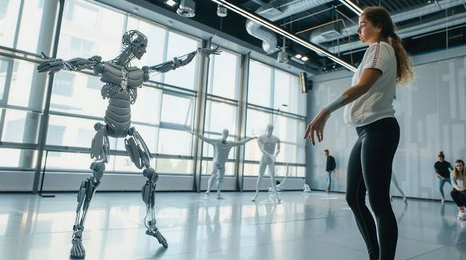 AI에 학습된 로봇 코치가 일반인을 상대로 트레이닝을 시연하고 있다. (스톡 비디오 미디어 마켓 모션엘리먼츠 AI생성 이미지)