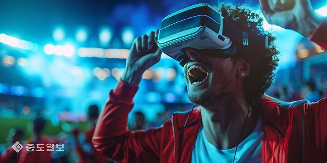 VR장비를 착용한 관중이 실제 경기장에서 보는 듯한 효과를 경험하며 열광하고 있다.(스톡 비디오 미디어 마켓 모션엘리먼츠 AI생성 이미지)