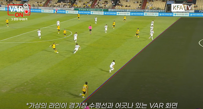 16일 협회 콘텐츠 VAR ON에 출연해 전남-천안전 득점 취소 판정에 대해 오심이라고 인정하며 VAR 장비의 기술적 오류가 발생했다고 설명한 문진희 심판위원장. 가상의 오프사이드 라인이 수평선과 어긋나며 전남 정강민(아래)의 오프사이드 판정이 지적됐다. 사진=VAR ON 갈무리