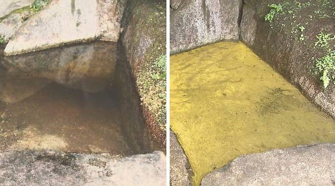 일본 후쿠시마현 모토미야시의 사찰 간카쿠지 내 샘물 평소 모습(왼쪽)과 금화수 현상이 나타난 모습./TBS