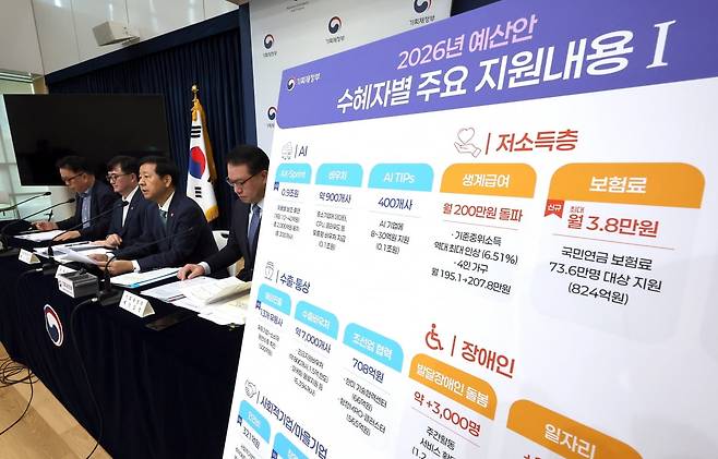 구윤철 부총리 겸 기획재정부 장관(오른쪽 두 번째)이 2026년도 예산안에 관해 설명하고 있다. 사진=연합뉴스