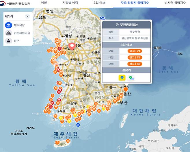 해수욕장 비브리오 예측시스템. 식약처 제공