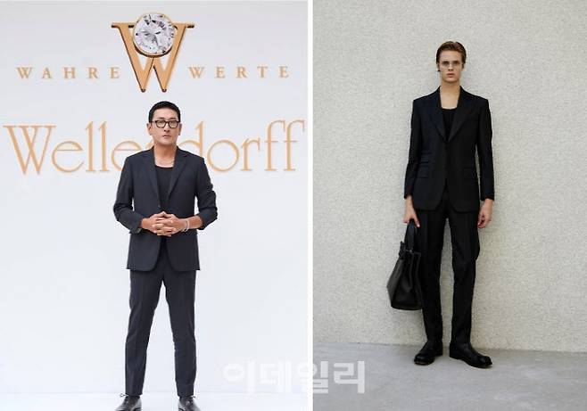 지난 6월 하정우가 알레그리 정장을 입고 주얼리 행사장에 참석한 모습(왼쪽), 알레그리 모델 착장샷 (사진=하정우 인스타그램)