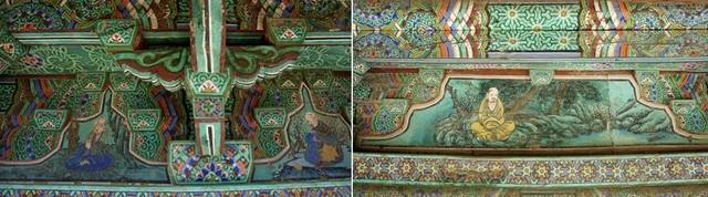 안동 광흥사 응진전 공포 정면(왼쪽)과 화반 및 포벽화. 국가유산청