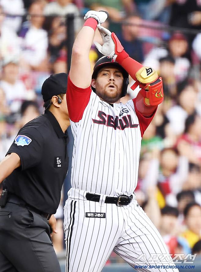 7일 서울 잠실구장에서 열린 SSG-LG전. 4회말 무사 1루 오스틴이 1타점 적시타를 친 후 기뻐하고 있다. 잠실=정재근 기자 cjg@sportschosun.com/2025.9.7/