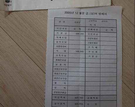 김 씨의 첫 월급 명세서. 그는 아직도 이것을 간직하고 힘들 때마다 꺼내 본다.