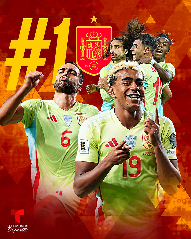 스페인이 9월 FIFA 랭킹 1위로 복귀한다. 텔레문도 데포르테스 SNS