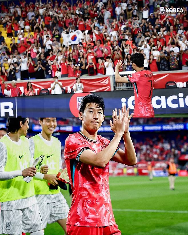 손흥민 등 대한민국 축구 국가대표팀 선수들이 10일(한국시간) 미국 테네시주 내슈빌의 지오디스파크에서 열린 멕시코와의 축구 국가대표팀 평가전 2-2 무승부 이후 경기장을 돌며 인사하고 있다. /사진=대한축구협회 SNS 캡처