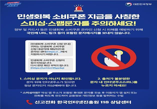 민생회복 소비쿠폰 관련 스미싱 주의 안내문. 행정안전부