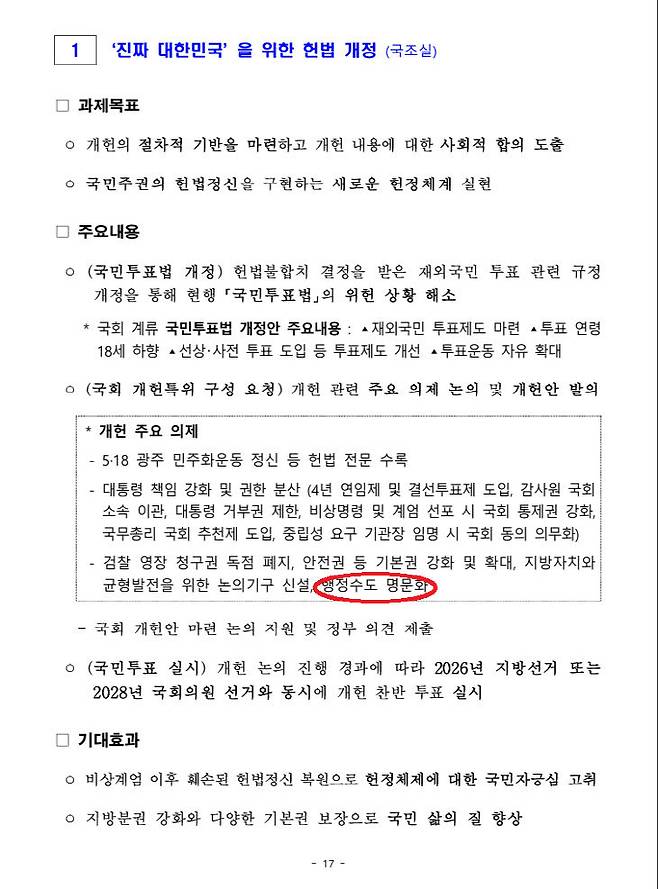 이날 120대 국정과제의 1번에 포함된 행정수도 개헌안. 사진=대통령실 자료 갈무리.