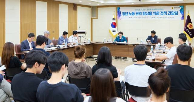 '사회문제해결 연구회'가 대구시의회에서 '청년 노동 권익 향상을 위한 정책 간담회'를 열고 있다.