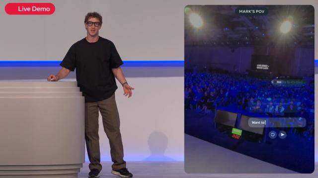 마크 저커버그 메타 최고경영자(CEO)가 17일(현지시간) 미국 캘리포니아주 멘로파크 본사에서 메타 뉴럴 밴드를 차고 글씨를 쓰자 스마트 안경이 손가락 동작을 인식해 문자메시지를 작성하고 있다. 메타 영상 캡처