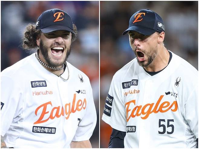 한화 외국인투수 코디 폰세(왼쪽)와 라이언 와이스는 17일까지 올 시즌 431탈삼진을 합작했다. 폰세가 236개를, 와이스가 195개를 수확했다. 와이스가 남은 등판에서 5개의 삼진을 추가하면 KBO 최초로 ‘한 팀에서 두 명의 200탈삼진 투수’가 탄생하게 된다. 사진제공|한화 이글스