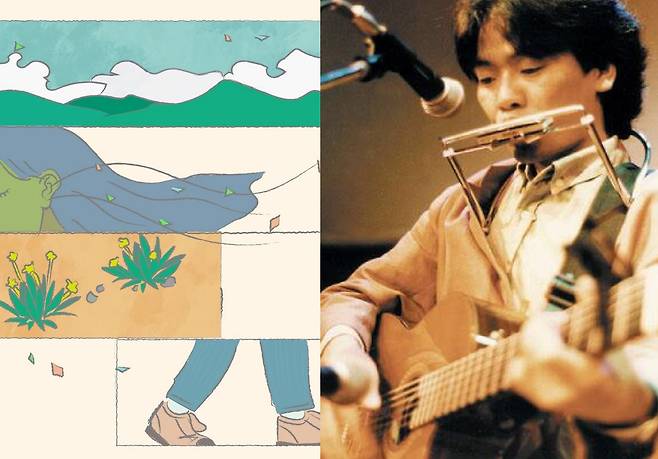 일본 밴드 슈퍼등산부의 논란이 된 노래 산보와 고(故) 김광석 생전 모습(오른쪽)/유튜브 '슈퍼등산부', 조선일보DB