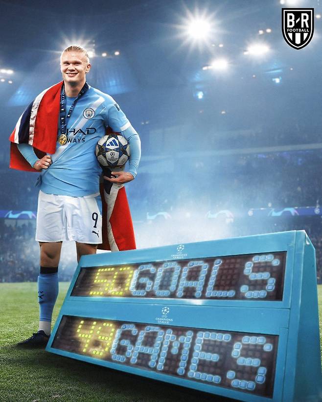 유럽축구연맹(UEFA) 챔피언스리그 역사상 역대 최소인 49경기 만에 50골 고지에 오른 맨체스터 시티 엘링 홀란. /사진=B/R 풋볼 캡처