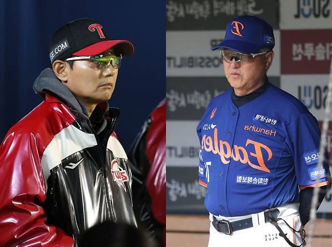 염경엽(왼쪽) LG 트윈스 감독과 김경문 한화 이글스 감독. LG‧한화 제공