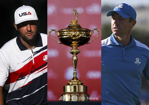 남자골프 대항전인 2025 라이더컵이 9월 26~28일(현지시간) 미국 뉴욕주에서 개최된다. 미국 팀의 스코티 셰플러와 유럽 팀의 로리 맥길로이(북아일랜드). 사진제공=ⓒAFPBBNews = News1 (사진을 무단으로 사용하지 마십시오.)