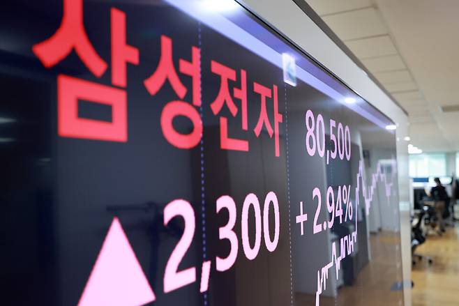 삼성전자가 연일 신고가를 경신하고 있다. 사진은 서울 종로구 연합인포맥스 모니터에 비친 삼성전자 주가 ⓒ연합뉴스