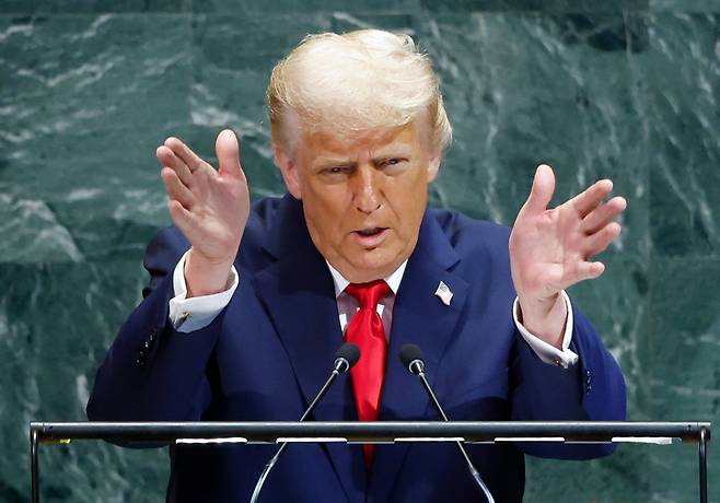 도널드 트럼프 미국 대통령이 2025년 9월 23일 화요일 뉴욕시 유엔 본부 유엔 총회장에서 열린 유엔 총회 제80차 정기토론에서 연설하고 있다. /연합뉴스