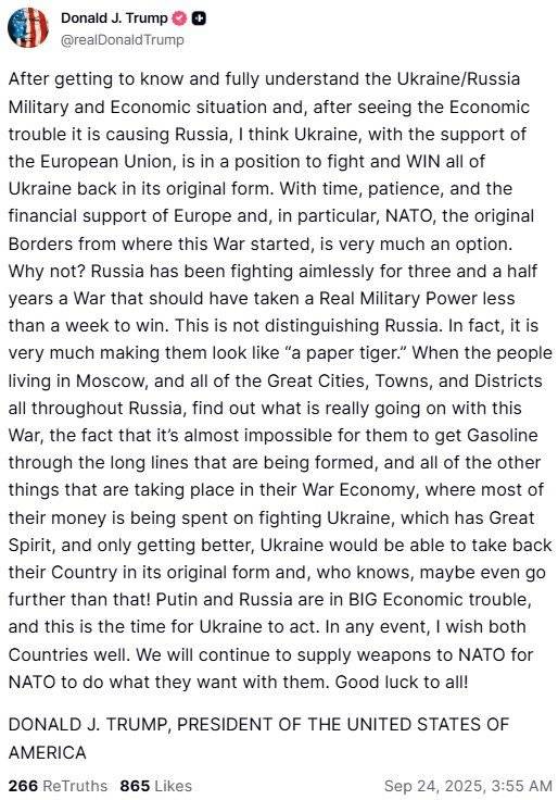 도널드 트럼프 미국 대통령 트루스소셜 게시글.