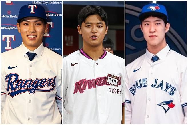 왼쪽부터 텍사스 레인저스 김성준, 키움 히어로즈 박준현, 토론토 블루제이스 문서준. 사진제공=텍사스 레인저스, 키움 히어로즈, 토론토 블루제이스