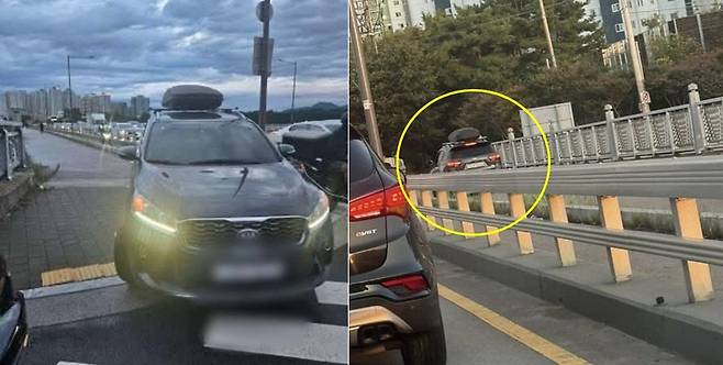 지난 24일(왼쪽)과 18일 광주 북구 오룡동 첨단대교(양산동 방면)에서 SUV 한 대가 인도로 달리는 모습./사진=온라인 커뮤니티 '보배드림'