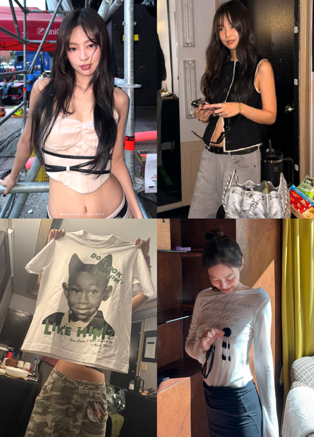 제니 역시 오버핏 팬츠부터 타이트한 느낌의 스커트 팬츠까지 다양한 아이템들을 로우 라이즈 형태로 착용하며 힙한 매력을 강조했다. 제니 SNS