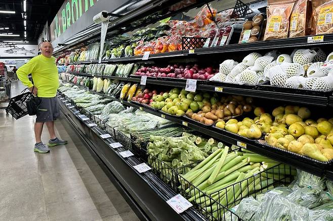 도널드 트럼프 미국 대통령의 관세만 없었다면 미 인플레이션(물가상승)은 연방준비제도(연준) 목표를 충족했을 것이라는 설문조사 결과가 나왔다. 지난 18일(현지시간) 일리노이주 시카고 인근 샴버그의 한 식료품점에서 소비자들이 장을 보고 있다. AP 뉴시스