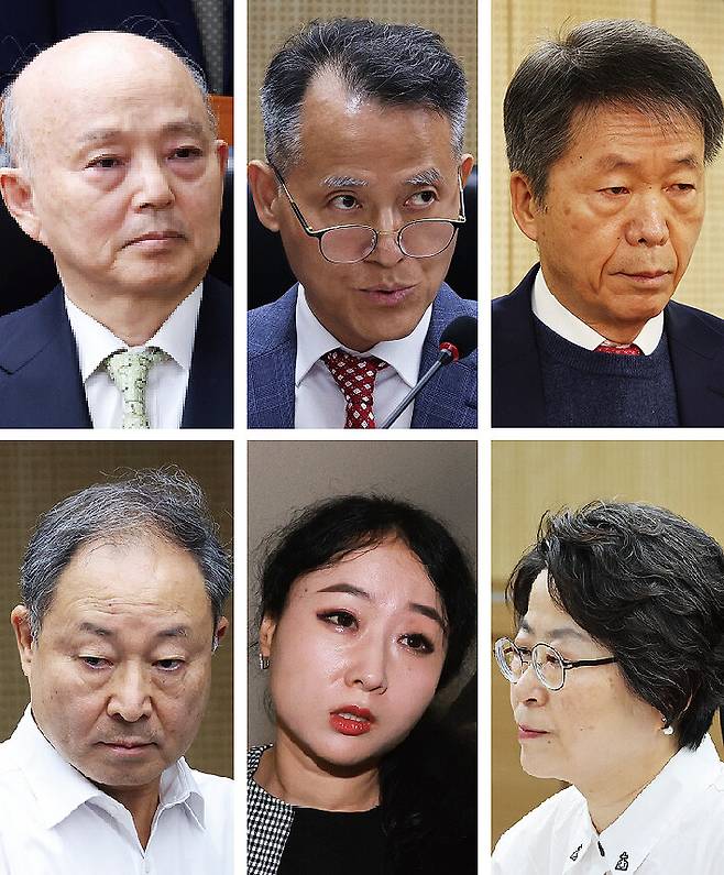 지난 2월10일 윤석열 방어권 보장 안건에 찬성했던 인권위원들. 이석준 사무총장과 서수정 침해조사국장은 안창호 위원장의 지시에 따라 1월9일 문제의 안건이 전원위에 제출되도록 신속하게 결재를 완료했다. 위 왼쪽부터 시계방향으로 안창호 위원장, 이충상·김용원 상임위원, 강정혜·이한별·한석훈 위원. 이충상 전 상임위원만 3월1일 사직했고, 나머지는 현직에 있으며 인권위원 다수를 점하고 있다. 김영원 기자 forever@hani.co.kr, 신소영 기자 viator@hani.co.kr, 정용일 선임기자 yongil@hani.co.kr