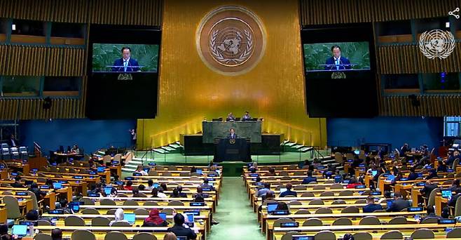 김선경 북한 외무성 부장이 29일(현지시간) 미국 뉴욕에서 열린 제 80차 유엔총회에서 연설하고 있다. (사진=유엔 동영상 캡처)