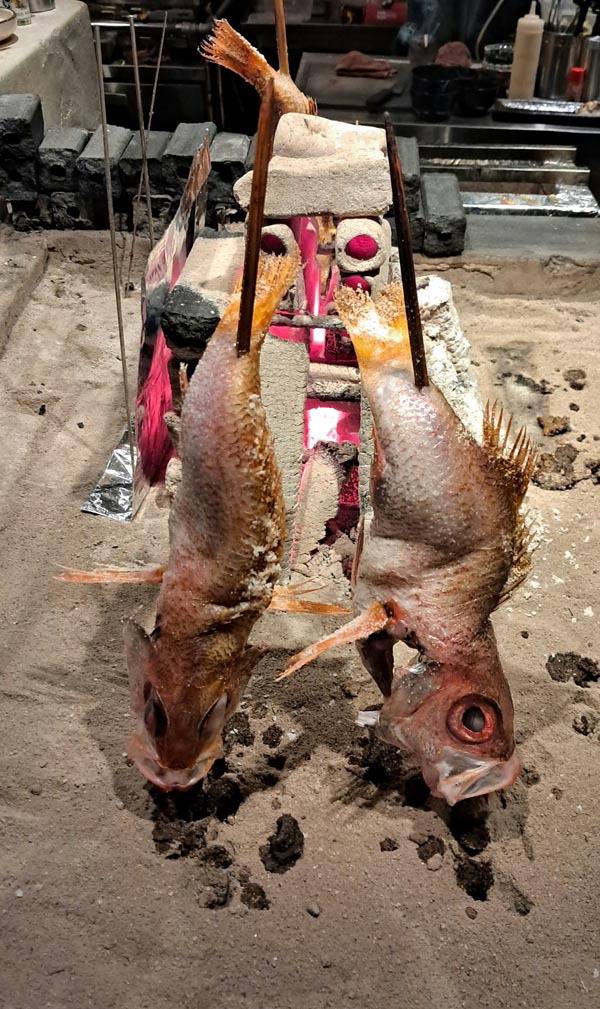 일본식 화로인 이로리에서 굽고 있는 눈볼대 소금구이 ‘노도구로 시오야끼’.