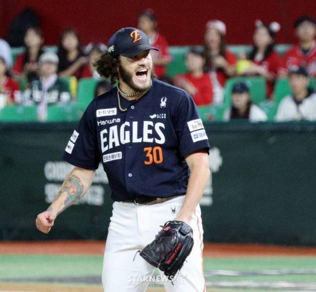 탈삼진 1위로 올라선 폰세가 포효하고 있다. /사진=강영조 선임기자